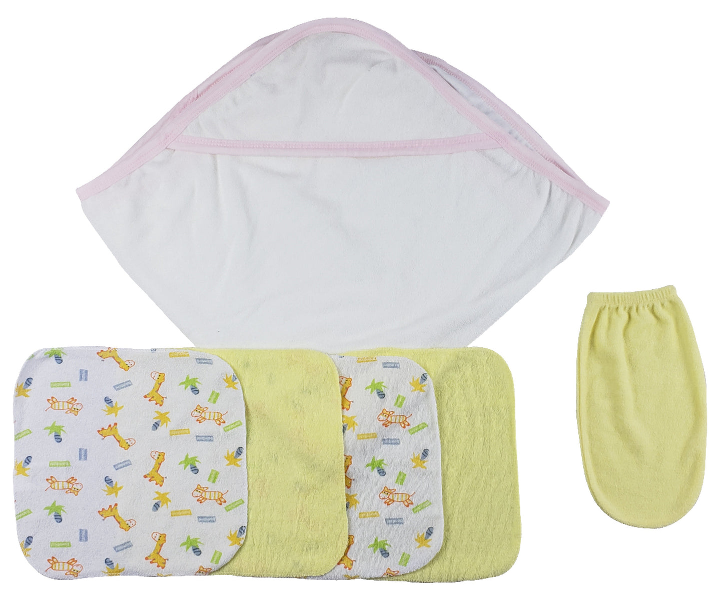 Pink Hooded Towel, Washcloths and Hand Washcloth Mitt - 6 pc Set CS_0007
