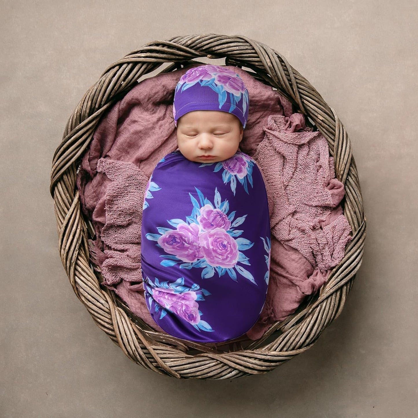 Baby Receiving Blanket for Girl Boy, Newborn Receiving Blanket with Hat, Stretchy Soft Receiving Blankets, Nursery Swaddle Blanket