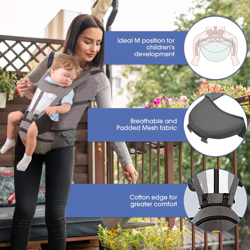 Baby Carrier, 6-In-1 Ergonomic Baby Carrier with Hip Seat Diaper Pocket Front and Back Baby Sling with Waist Stool Lumbar Support for Breastfeeding Newborn to Toddler, up 50Lbs (Gray)