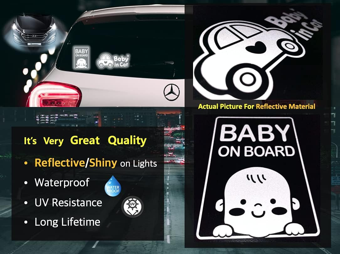 (3 Pcs) Sticker, Baby on Board Sticker for Cars, Safety Baby on Board Sign, Baby Car Sticker, Reflective, Waterproof and UV Resistant Sticker, Baby Shower, Baby Gift, Baby on Board Sticker, Baby on Board Decal, Parent (Reflective White Baby 3-In-1)