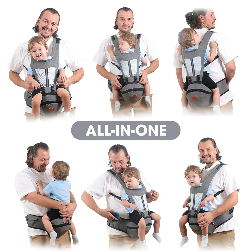 Baby Carrier, 6-In-1 Ergonomic Baby Carrier with Hip Seat Diaper Pocket Front and Back Baby Sling with Waist Stool Lumbar Support for Breastfeeding Newborn to Toddler, up 50Lbs (Gray)