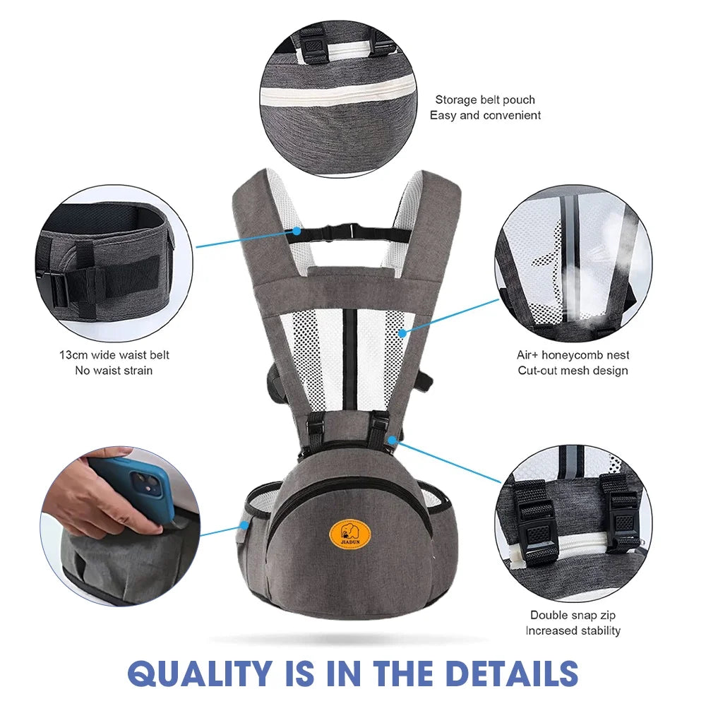 Baby Carrier, 6-In-1 Ergonomic Baby Carrier with Hip Seat Diaper Pocket Front and Back Baby Sling with Waist Stool Lumbar Support for Breastfeeding Newborn to Toddler, up 50Lbs (Gray)