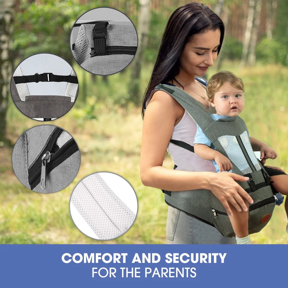 Baby Carrier, 6-In-1 Ergonomic Baby Carrier with Hip Seat Diaper Pocket Front and Back Baby Sling with Waist Stool Lumbar Support for Breastfeeding Newborn to Toddler, up 50Lbs (Gray)