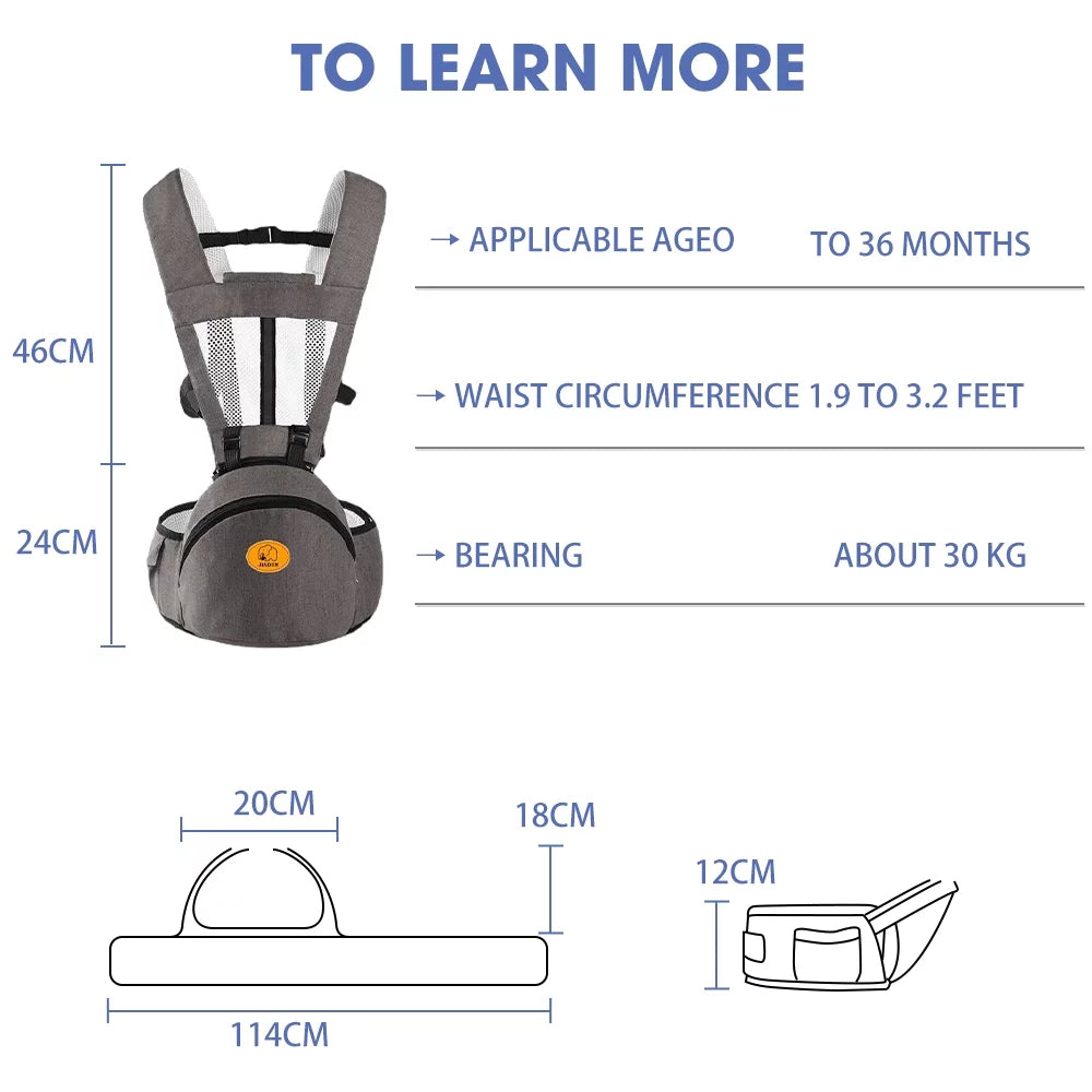 Baby Carrier, 6-In-1 Ergonomic Baby Carrier with Hip Seat Diaper Pocket Front and Back Baby Sling with Waist Stool Lumbar Support for Breastfeeding Newborn to Toddler, up 50Lbs (Gray)