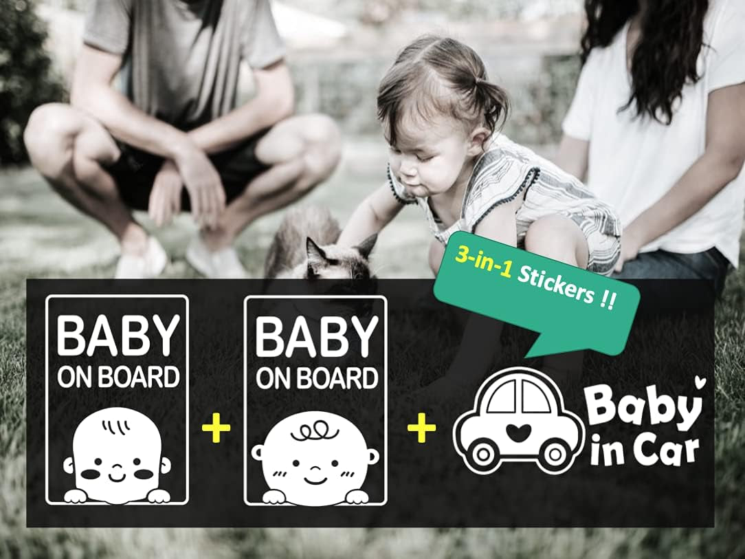 (3 Pcs) Sticker, Baby on Board Sticker for Cars, Safety Baby on Board Sign, Baby Car Sticker, Reflective, Waterproof and UV Resistant Sticker, Baby Shower, Baby Gift, Baby on Board Sticker, Baby on Board Decal, Parent (Reflective White Baby 3-In-1)