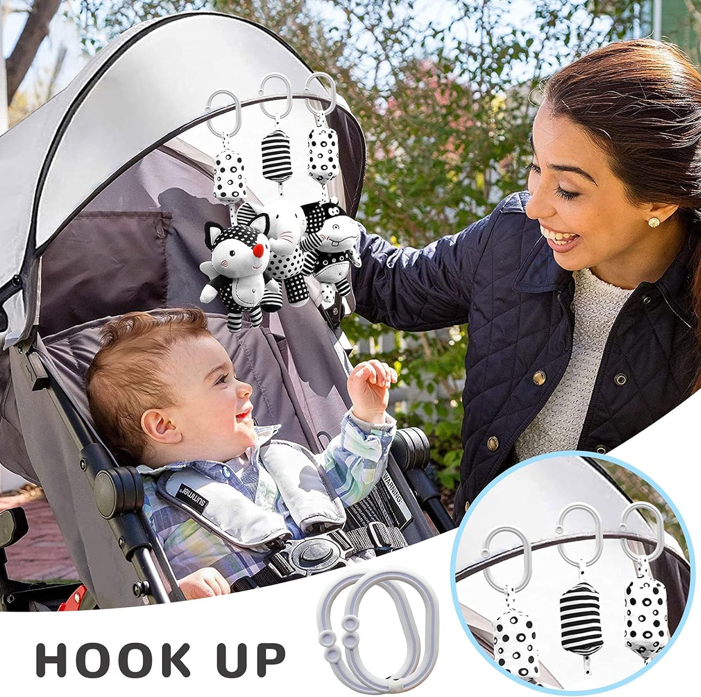 Hanging Rattles Toys White & Black Stroller Toy, Newborn Toys Infant Toys Crib Toys, Soft Plush for Stroller Car Seat Crib with Wind Chimes, Best Baby Gift for 0,3,6,9,12,18 Months