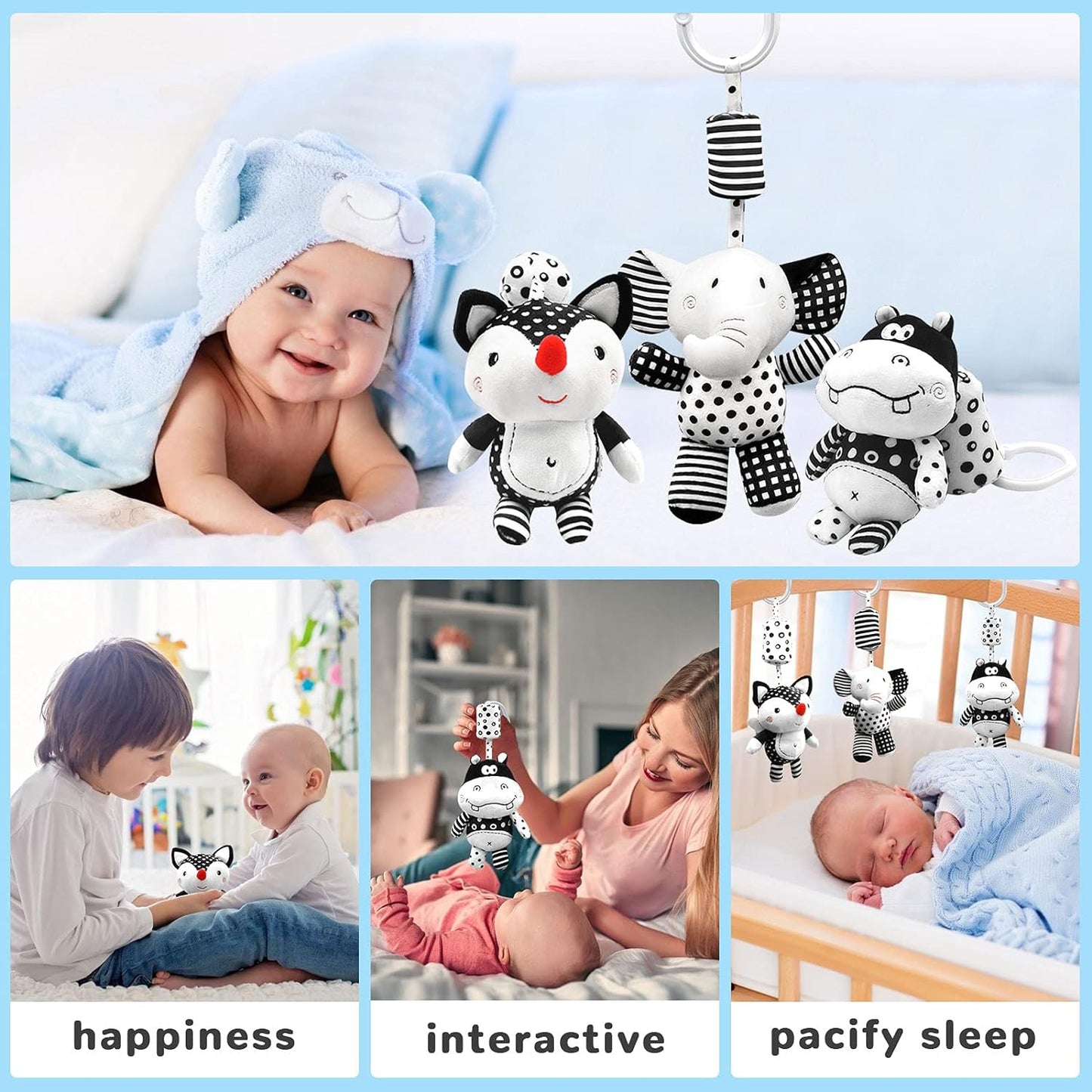 Hanging Rattles Toys White & Black Stroller Toy, Newborn Toys Infant Toys Crib Toys, Soft Plush for Stroller Car Seat Crib with Wind Chimes, Best Baby Gift for 0,3,6,9,12,18 Months