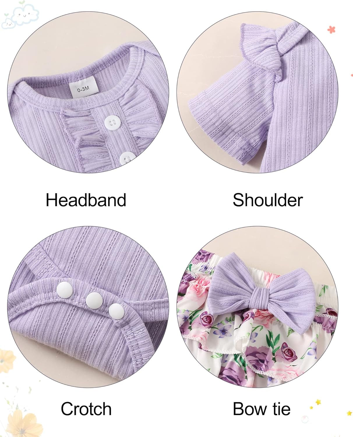 Baby Girl Clothes Newborn Girl Outfits, Infant Ruffle Sleeve Romper+ Floral Shorts+ Cute Headband 3PCS Cotton Baby Summer Clothing Set(Purple,12-18M)