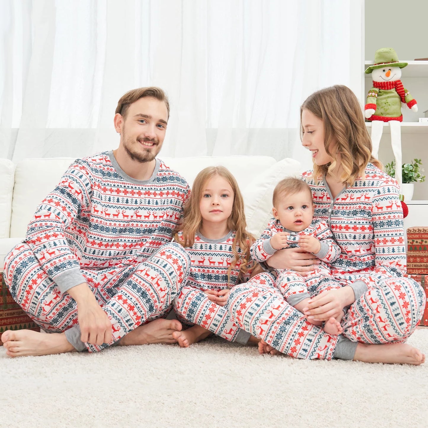 Family Matching Christmas Deer Printing Family Fitted Cotton Soft Two-Piece Pajamas Sets Outfits, Unisex