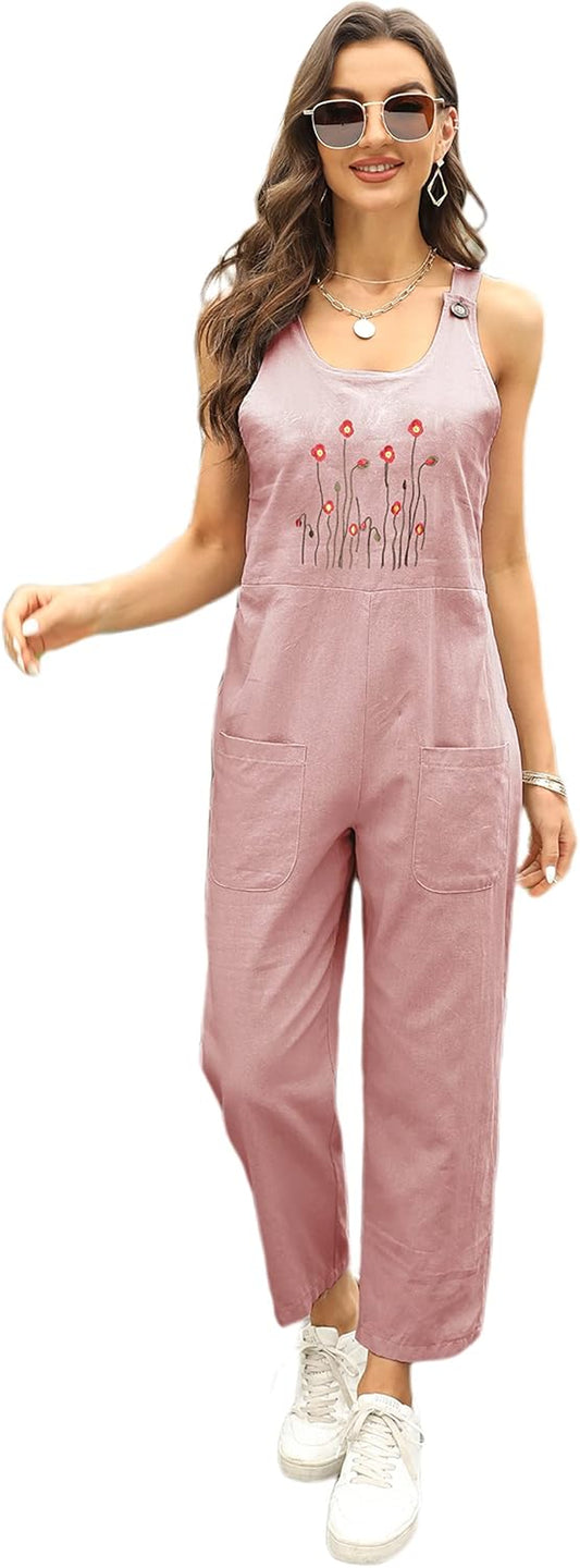 Women'S Summer Casual Loose Baggy Linen Cotton Wide Leg Harem Overalls(Style15Pink-S)