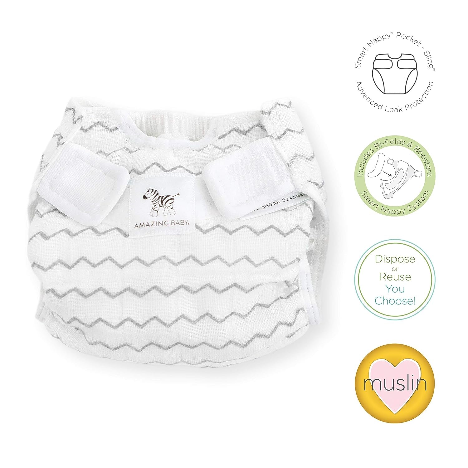 Hybrid Cloth Diaper Cover with Pocket-Sling, Newborn, Sz 1 (5-10 Lbs), Use with Boosties Inserts, Gray Mini Chevron, Smartnappy Set Includes Muslin Cover + Bi-Fold Insert + Booster Pad