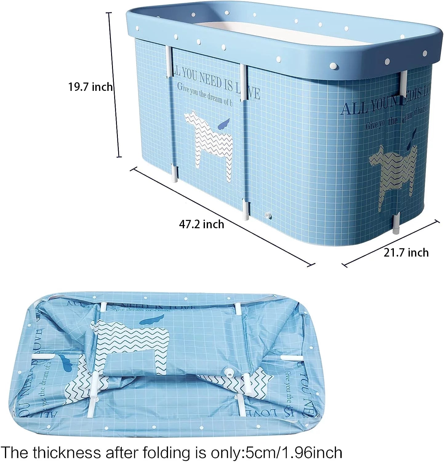 47In Large Foldable Bath Tub, Adult Kid Portable Bathtub Freestanding Soaking Tub, Thickened Insulation, Light Blue