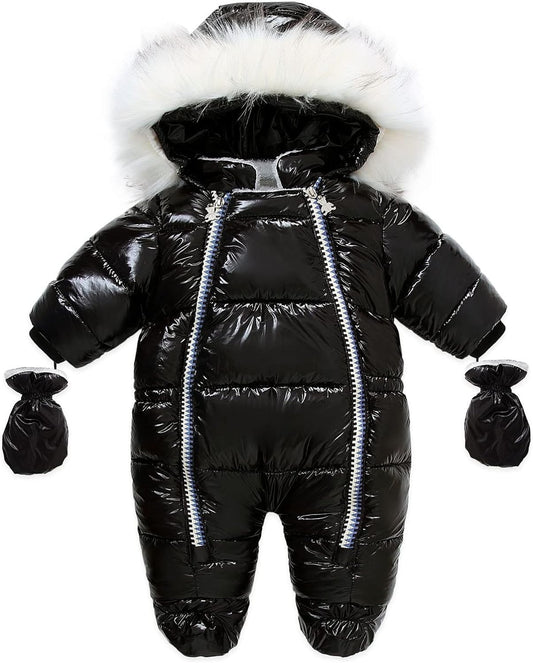 Infant One Piece Jumpsuit Outerwear - Baby Girl Boy Snowsuit Hooded Winter Warm down Coat Jacket Zipper Outfits with Gloves