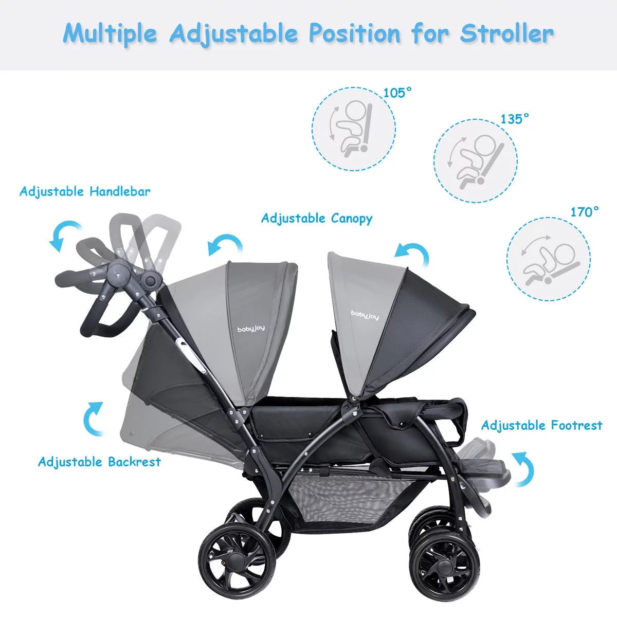 Foldable Double Baby Stroller Lightweight Front & Back Seats Pushchair Black