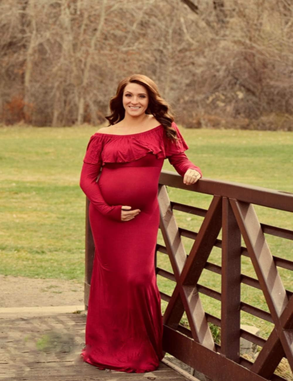 Maternity Fitted Elegant Gown Long Sleeve off Shoulder Ruffles Maxi Photography Dress for Photoshoot