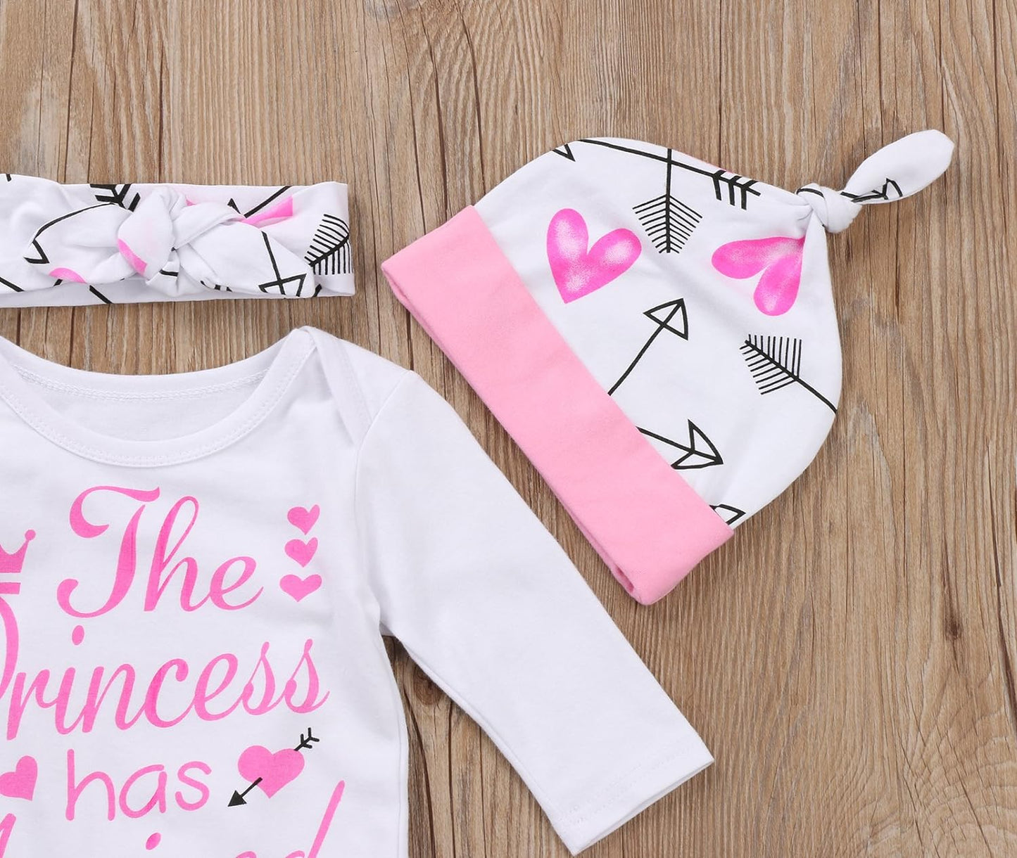 4 Pcs Baby Girls Pants Set Newborn Infant Toddler Letter Romper Arrow Heart Pants Hats Headband Clothes Pink