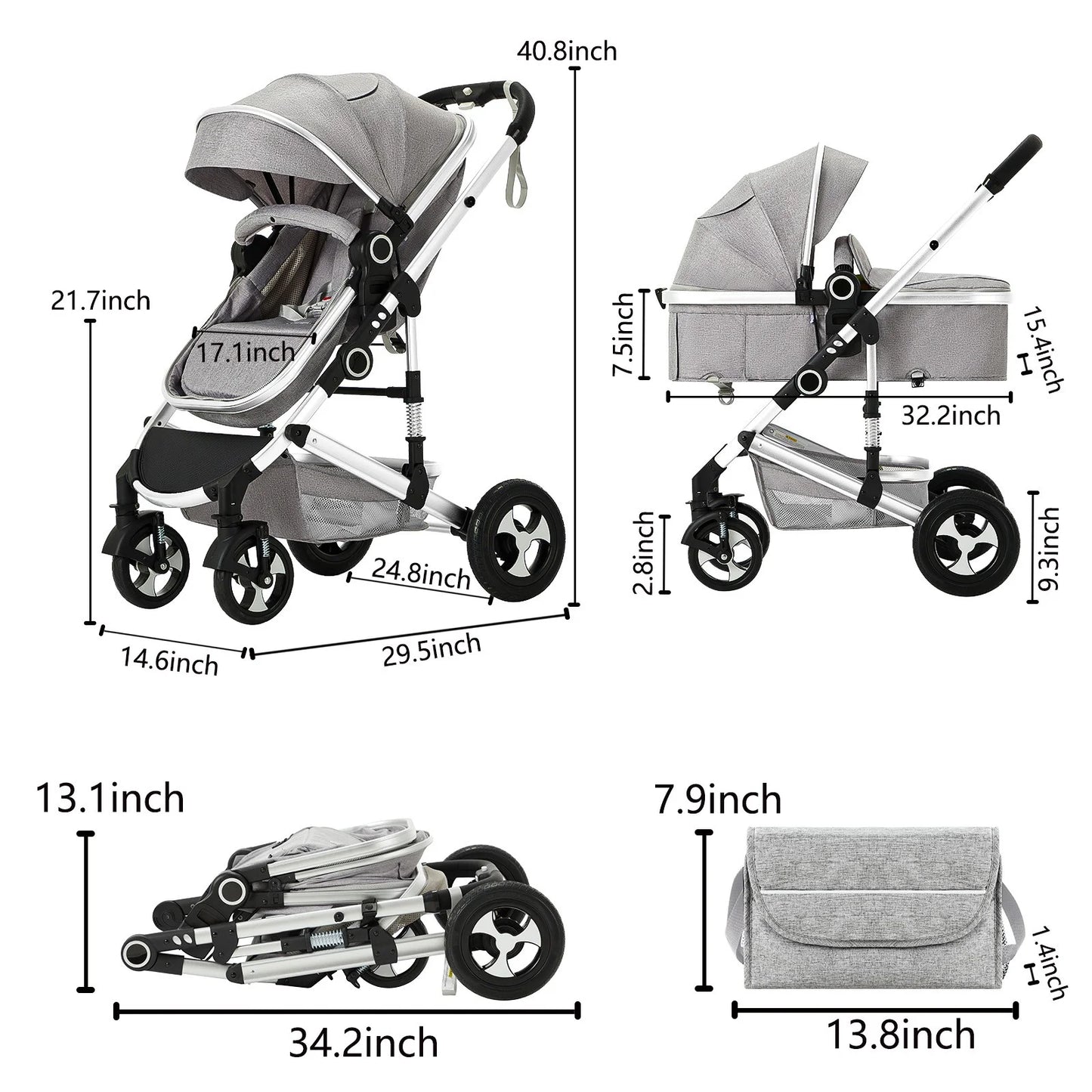 2 in 1 Convertible Baby Stroller, Unisex Folding Infant Newborn Bassinet Pram, Light Grey