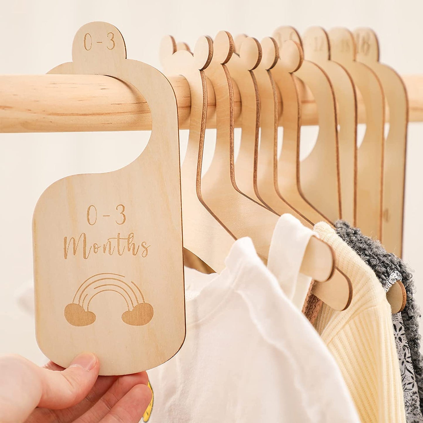 Wooden Baby Closet Size Divider Organizer Hanger Clothing Dividers for Newborn Nursery Decor Infant to 24 Months