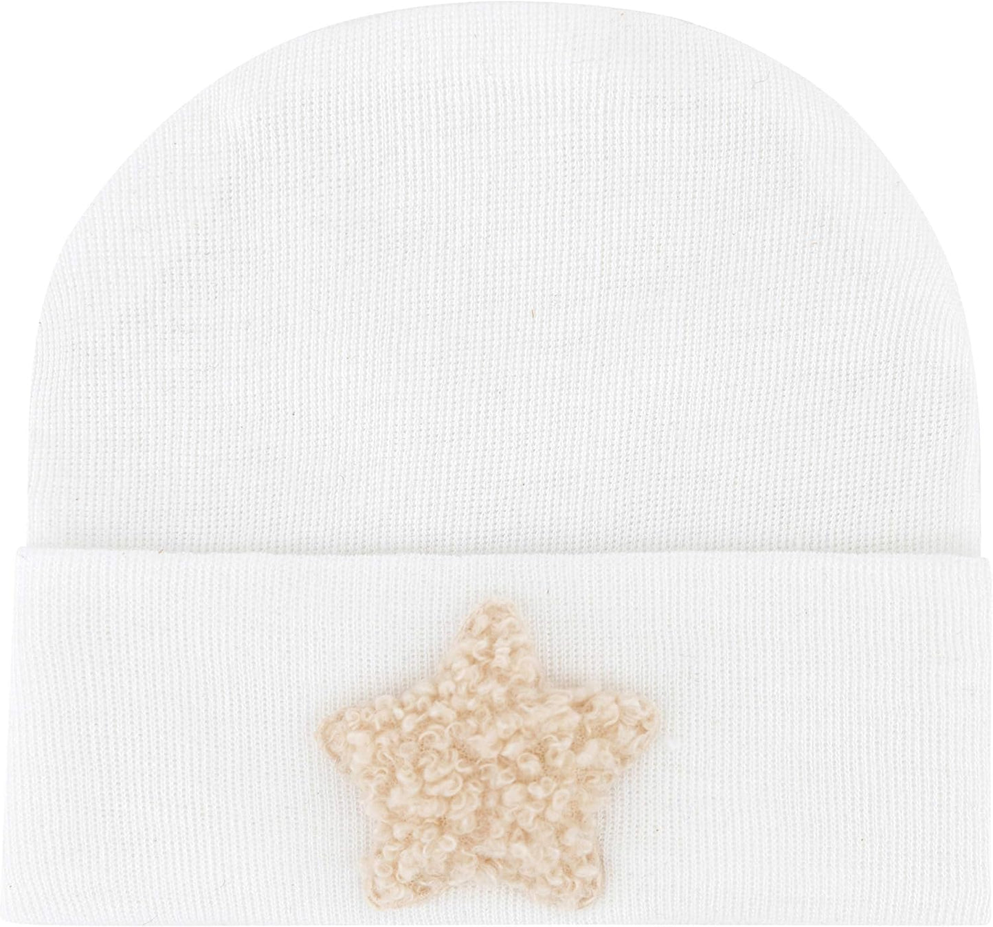 Newborn Hospital Hat 2-Pack Set for Baby — 100% Cotton Mesh Fabric for Lightweight, Breathable Comfort (White Silver Crown | White Beige Fuzzy Star)