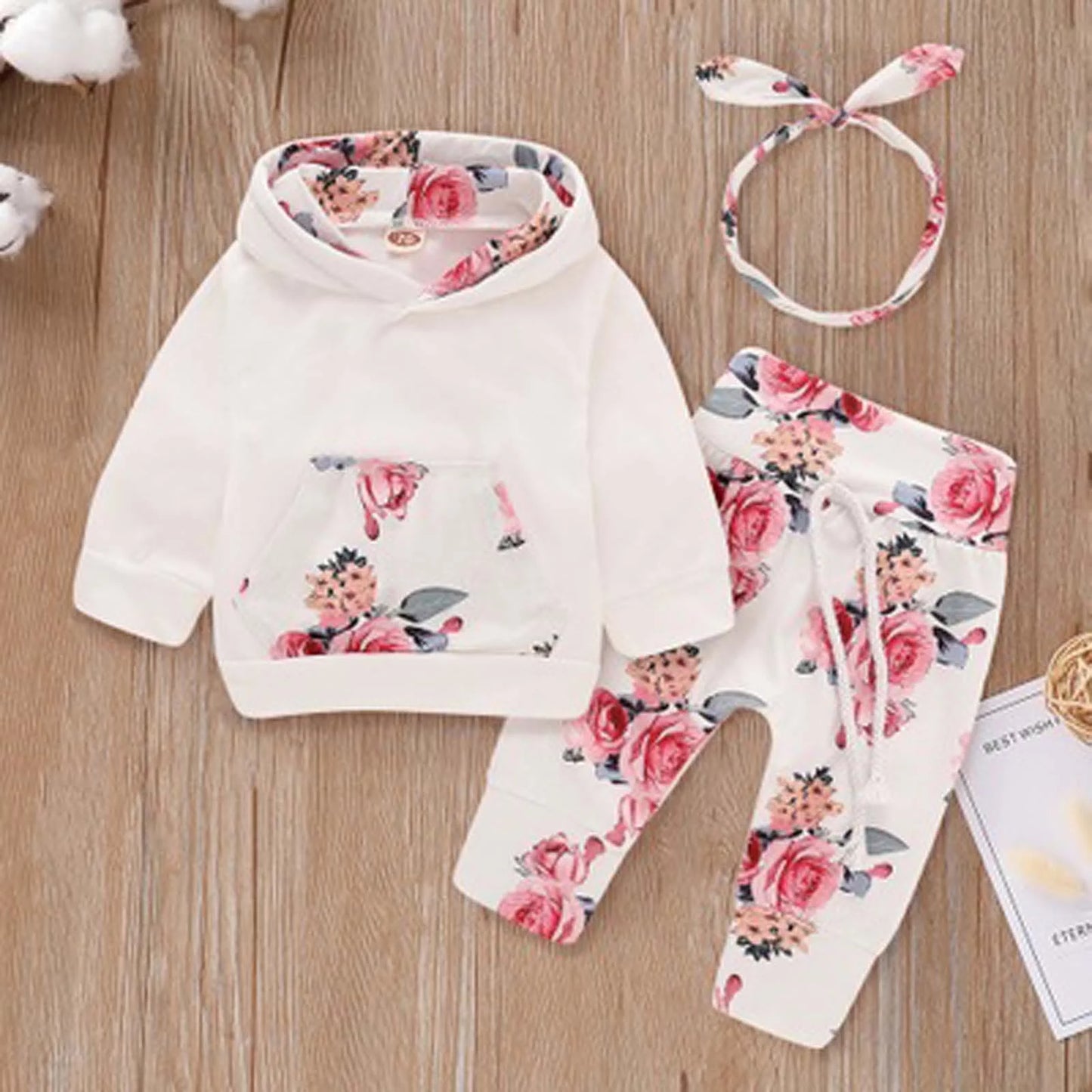 Baby Girl Clothes Newborn Infant Floral Hooded with Pocket Sweatshirt Pants Headband Outfits Set