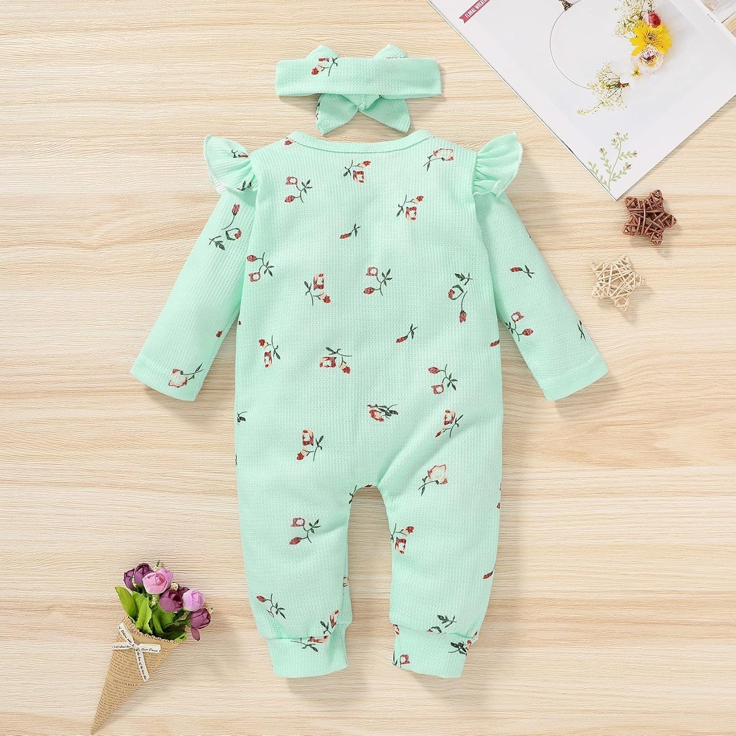 Baby Girl Romper Long Sleeve Jumpsuit Ruffle Bodysuit Newborn Girls Fall Clothes Toddler Floral Outfits with Headband