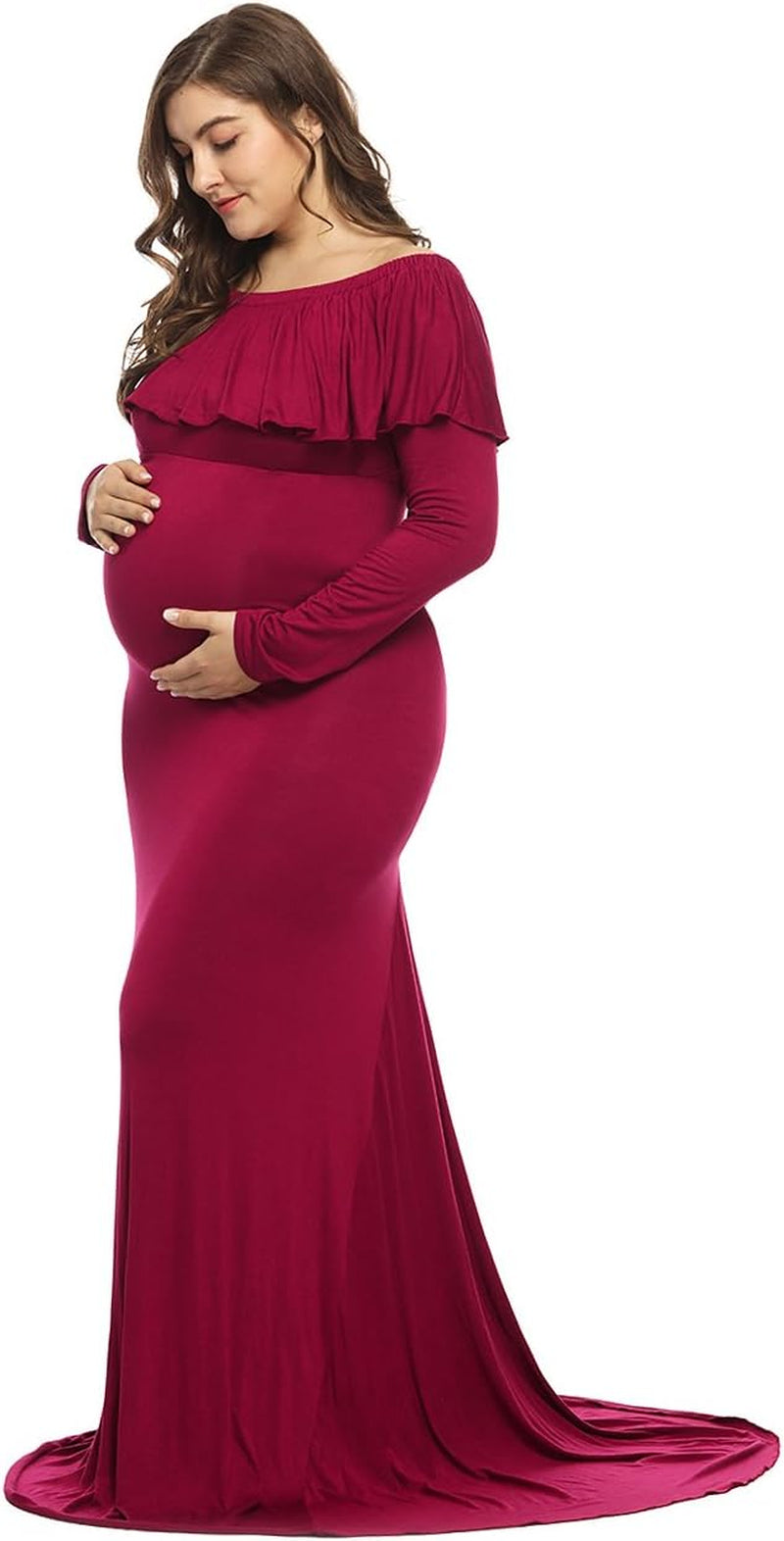 Maternity Fitted Elegant Gown Long Sleeve off Shoulder Ruffles Maxi Photography Dress for Photoshoot