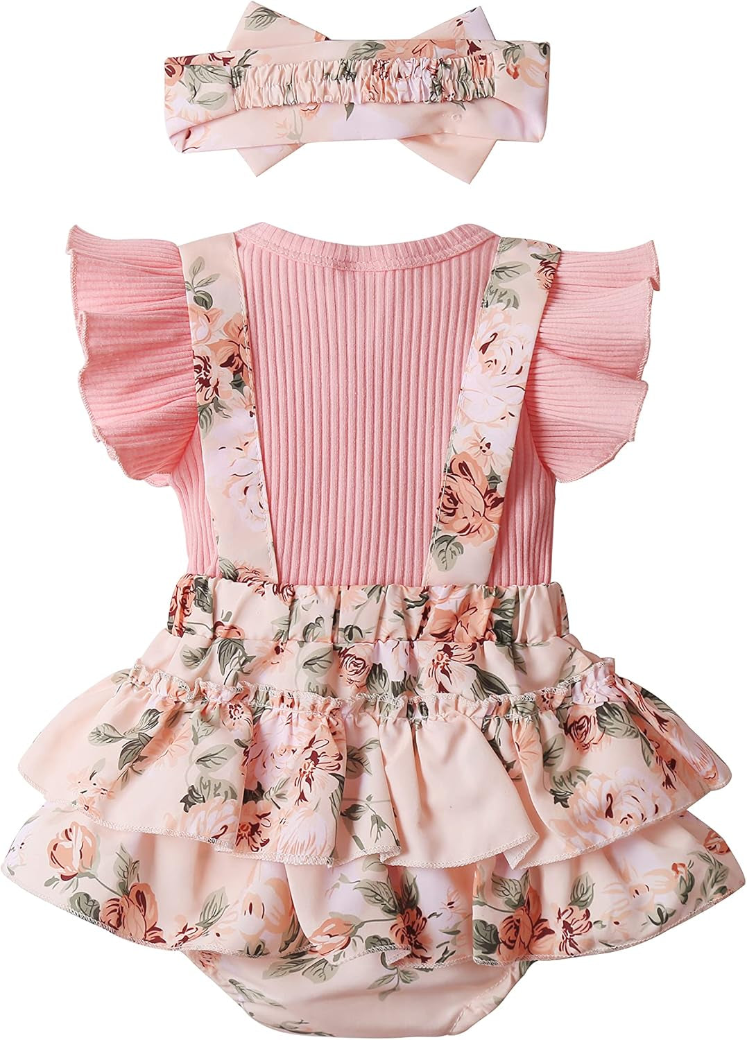 Newborn Baby Girl Clothes Infant Romper Floral Suspender Dress Ruffle Sleeve Onesie Outfit Jumpsuit Headband Spring Summer