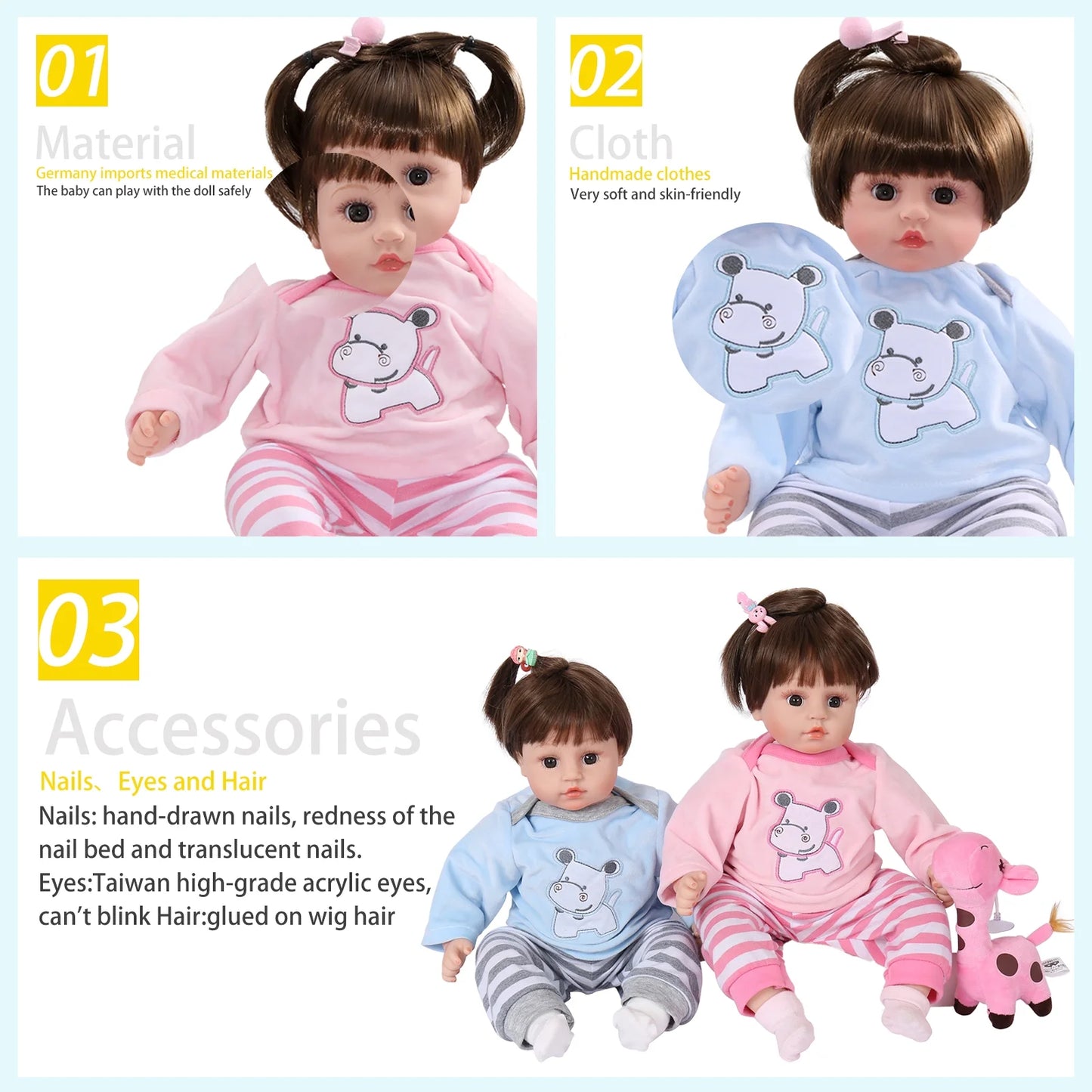 , 18 Inch Interactive Realistic Baby Doll Girl, Soft Newborn Girl Doll with 360°Movable Arms and Legs Accessories for Kids Age 3+, Blue