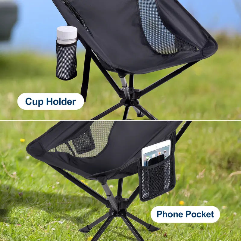 Summer Portable Swivel Adult Camping Chair, Quick Setup, Lightweight Compact Folding Chair with Cup Holder, Side Pockets and Carrying Bag - Weight Capacity 330 LBS.