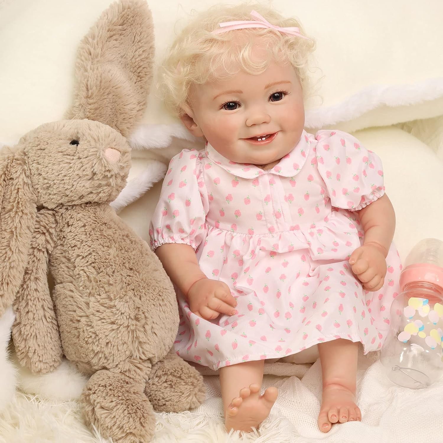 Reborn Baby Dolls Girl 18" Cute Realistic Soft Vinyl Dolls Newborn Baby, Smiling Dolls with Opened Eyes Blonde Curly Hair