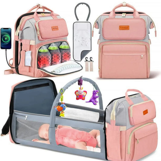 Diaper Bag Backpack, Campmoy 8 in 1 Large Diaper Bag with Changing Station, 900D Oxford Waterproof Diaper Bag with Unique Toy Hanging Rod Bassinet for Boys Girl(Pink)