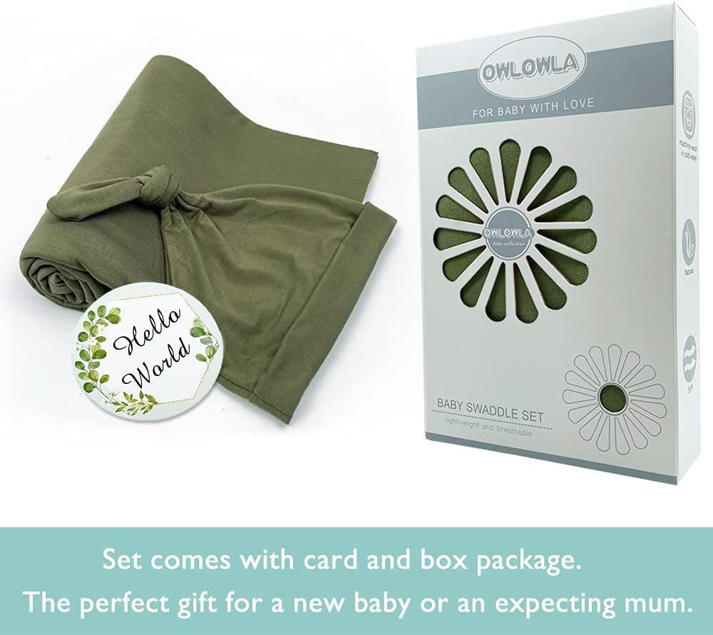 Swaddle Blanket and Hat Set Newborn Swaddle Wrap Baby Receiving Blanket for Baby Boys Girls(Olive)