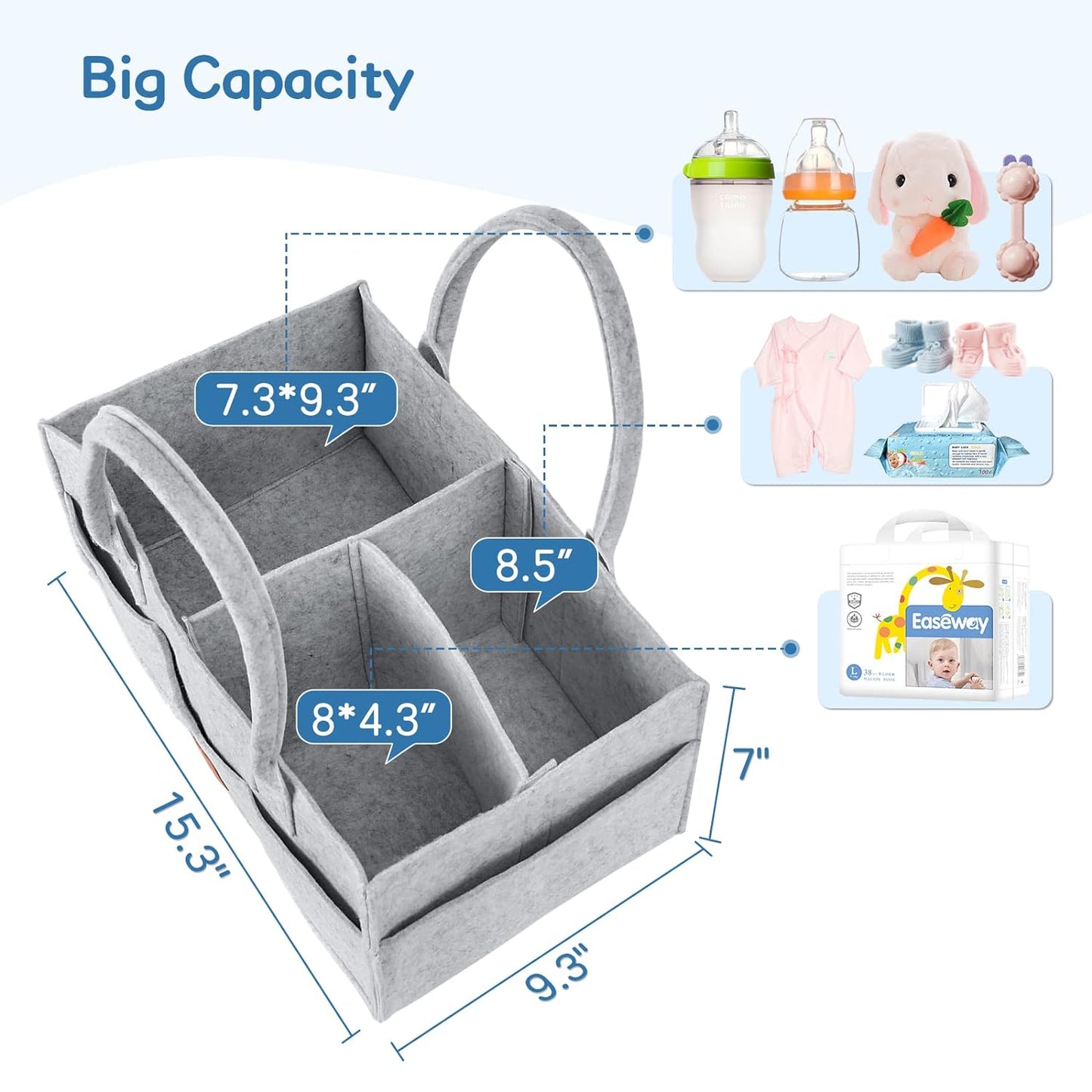 Diaper Caddy Organizer - Diaper Caddy for Baby Nursery Storage, Felt Diaper Organizer for Baby Stuff with Handle, 15" X 9" X 7" Portable Baby Basket Boy Girl Changing Table Organizer (Grey)