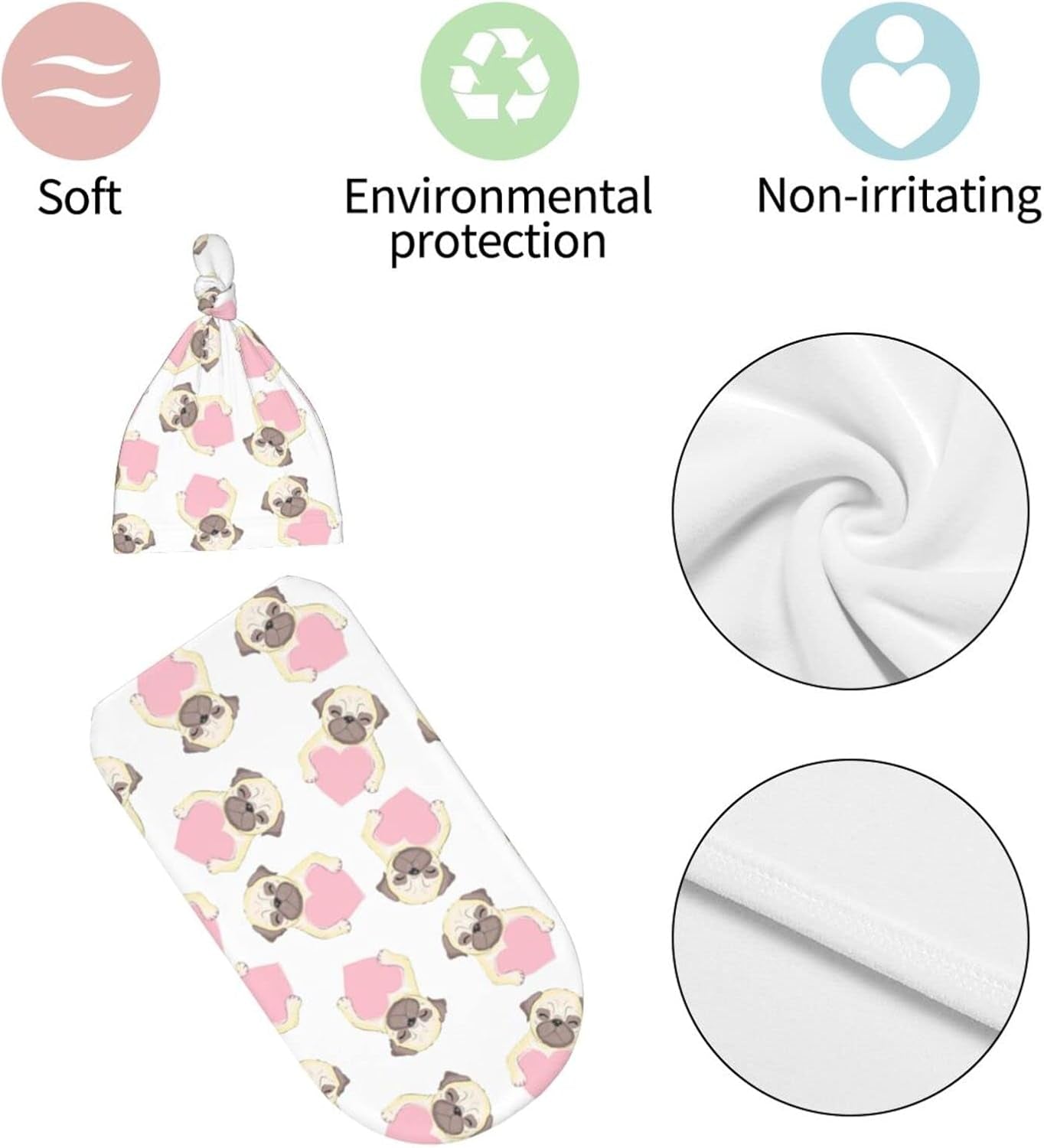 Pink Pug Baby Stuff Newborn Swaddle Blanket Baby Swaddle Blankets Wrap Receiving Blanket Pug Gifts for Pug Lovers with Beanie Hat for Boy Girl