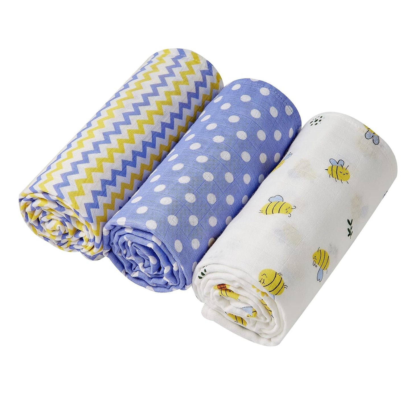 Muslin Swaddle Blankets for Newborn Babies, Breathable Bamboo Rayon & Cotton Baby Muslin Blankets for Boys Girls Unisex with Gift Box, Large 47"X47", 3-Pack, Bluish Violet & Yellow Bee/Dot/Wave