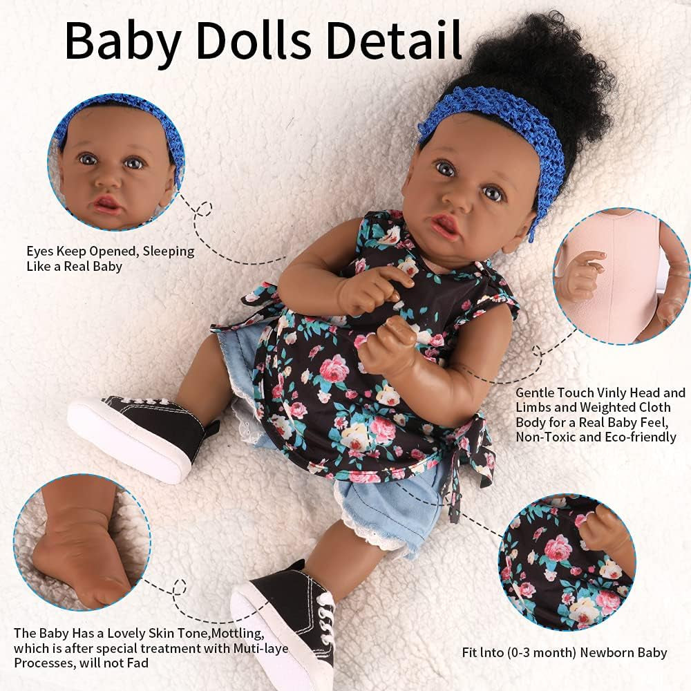 Lifelike Reborn Baby Dolls with Soft Body 22 Inch Black African American Realistic Girl Handmade Weighted Baby Dolls Best Toddler Gift Set for Ages 3+ Best Gitfs for Girls Christmas Birthday