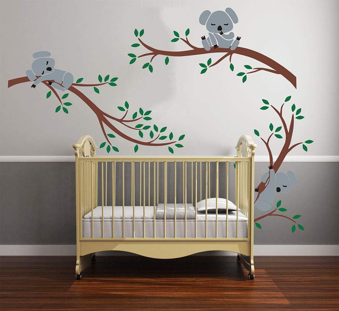 Three Koalas Tree Branches Wall Decal Wall Sticker Baby Nursery Decor Kids Room Decoration (Brown+Green)