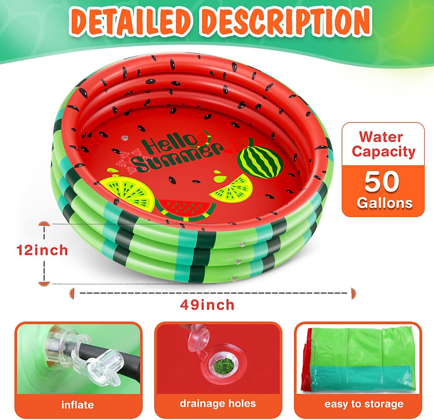 Inflatable Kiddie Pool for Toddlers (49’’X12’’) - Small Blow up Pool for Kids - 3 Rings Watermelon Toddler Swimming Pool - Baby Inflatable Pool