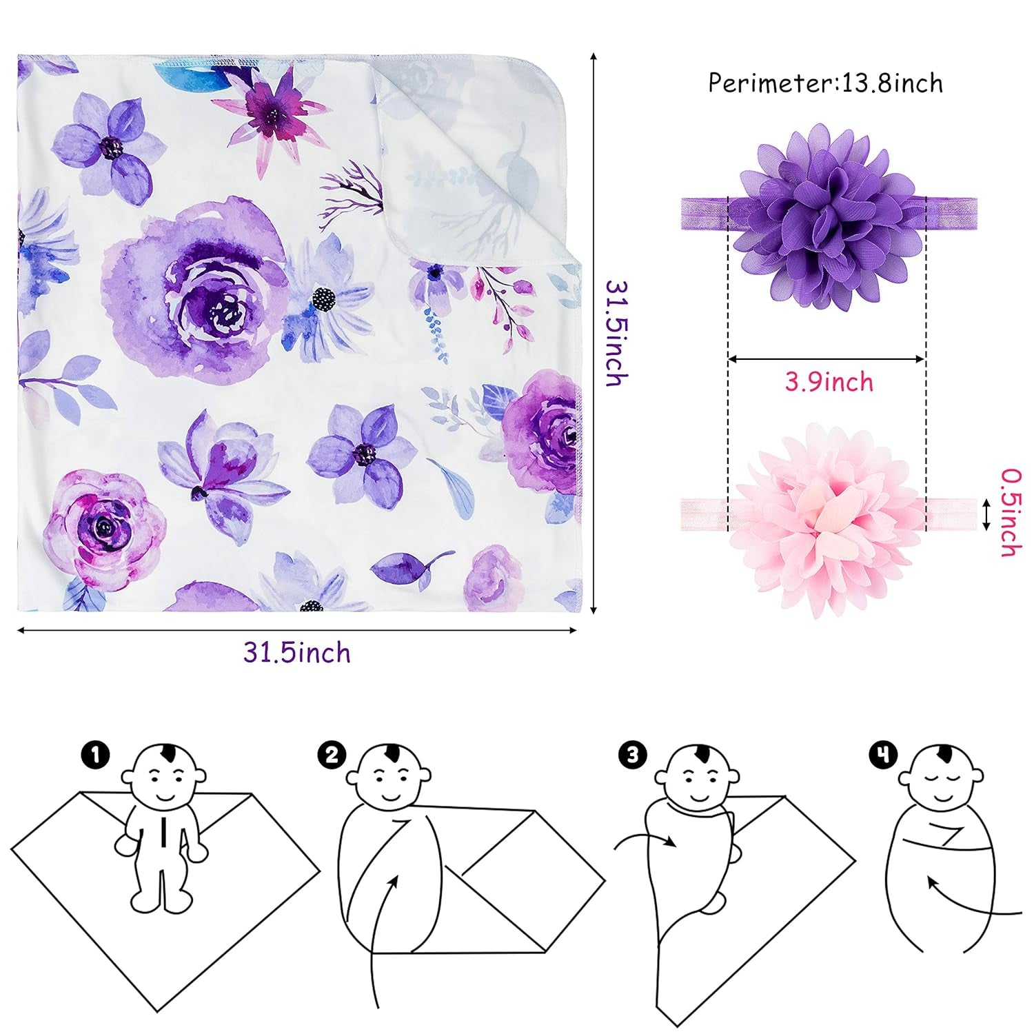 Newborn Baby Swaddle Blankets Headband Sets Including 2 Pack of Swaddle Blanket & Headband Floral Pattern Receiving Blankets for Baby Shower Newborn Gift (0-3 Months)