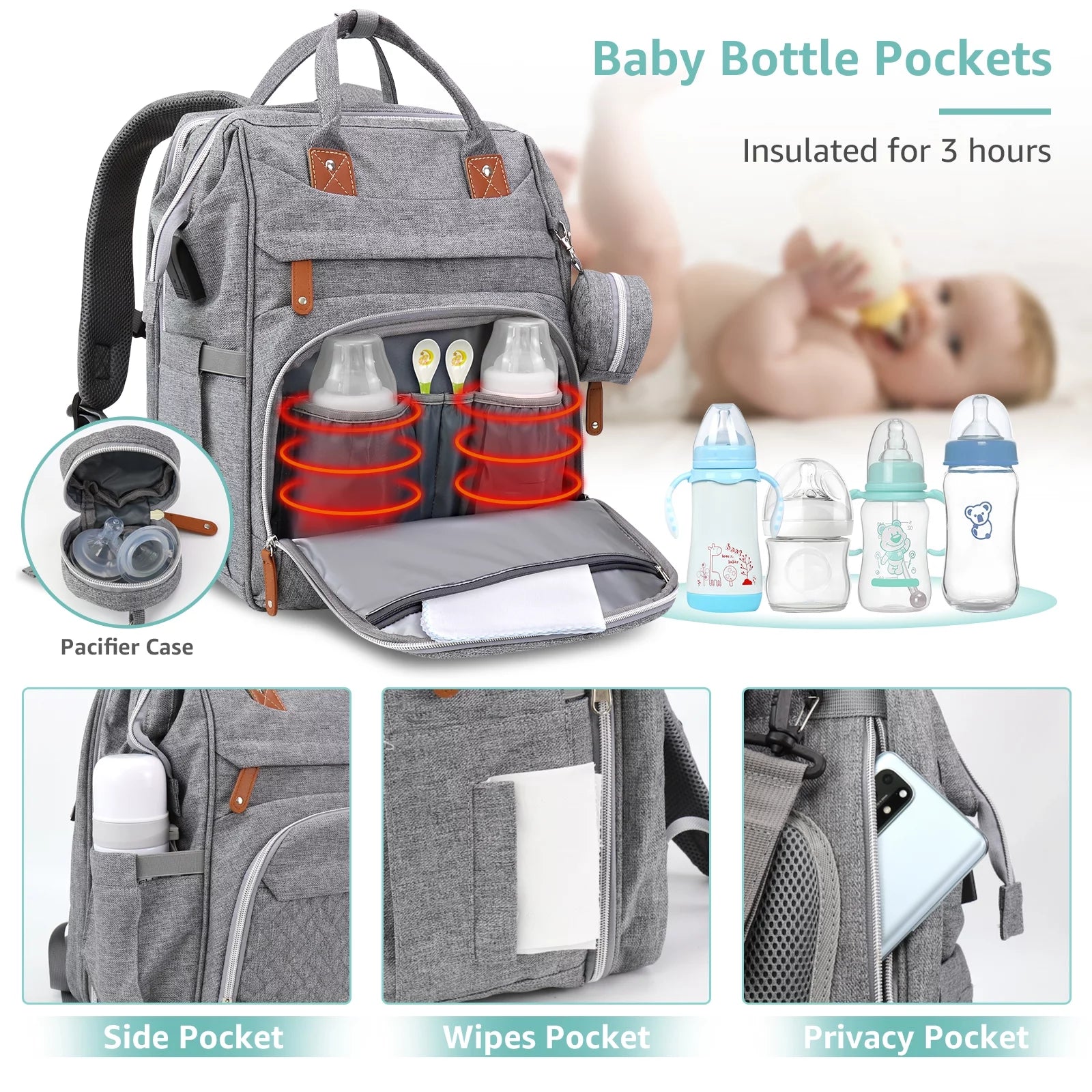 Baby Diaper Bag Backpack, Grey Color