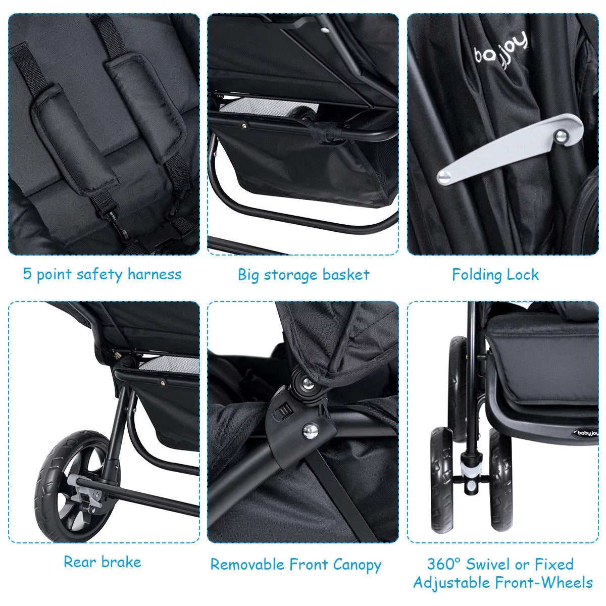 Foldable Double Baby Stroller Lightweight Front & Back Seats Pushchair Black