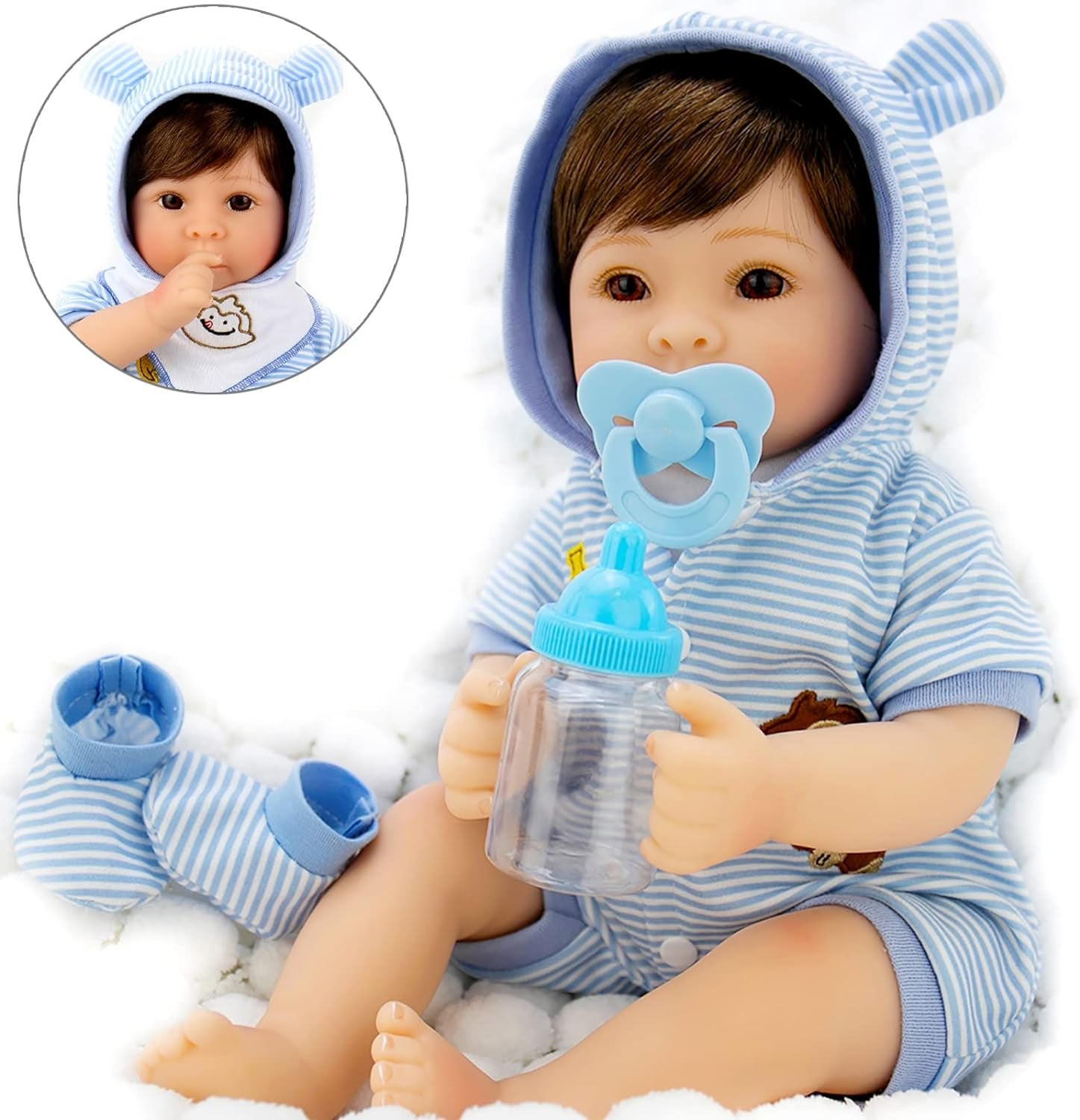 Lifelike Reborn Baby Dolls Blue Bassinet 18 Inch Realistic Newborn Boy Doll with Weighted Soft Body with 8 Piece Monkey Toy Carrier Bed Set