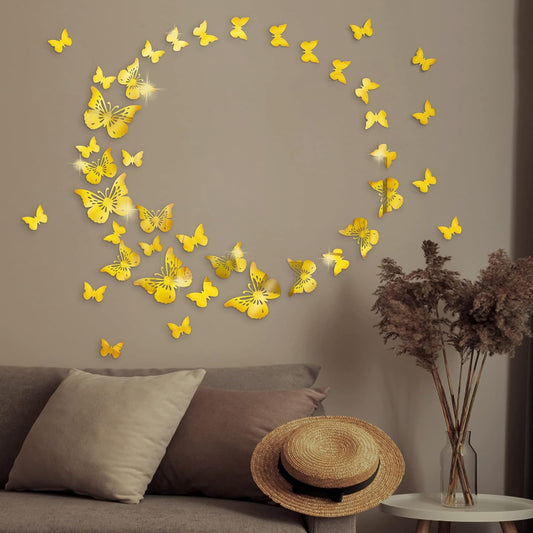 Acrylic Mirror Wall Decor, Butterfly Wall Decorations, 2 Sizes Butterfly Stickers Wall Decals, 50 Pcs DIY Hollow Wall Stickers Self Adhesive Mirrors Stickers for Home Nursery Classroom Kids Bedroom Bathroom Living Room Decor (Gold)