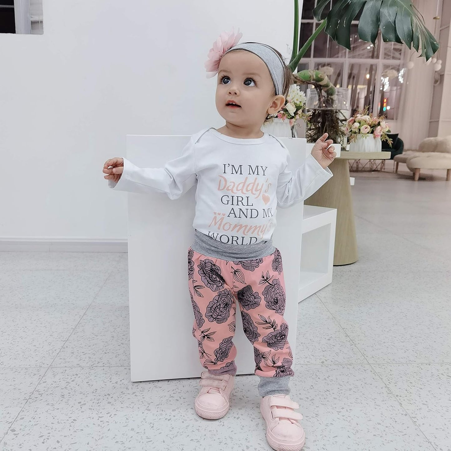 Baby Girl Clothes,3Pcs Ruffled Jumpsuit Tops + Floral Trousers + Floral Headband,Infant Toddler Baby Girl Suit