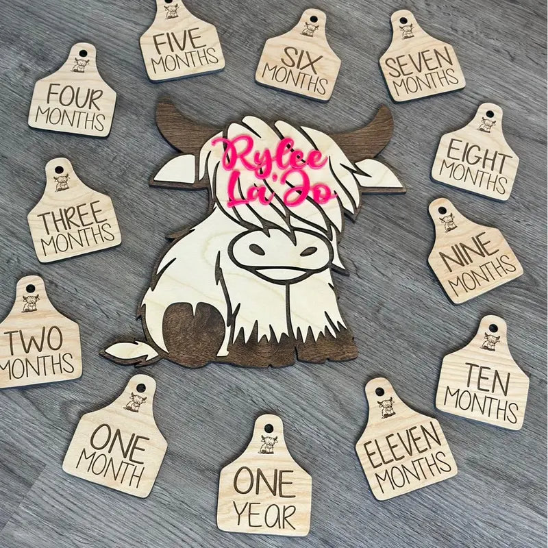 Cow Tag Baby Milestones, Baby Shower Gift, Baby Boy, Baby Girl, Birth Announcement Sign, Engraved Wood Monthly Milestone Photo Prop, Highland Cow Baby