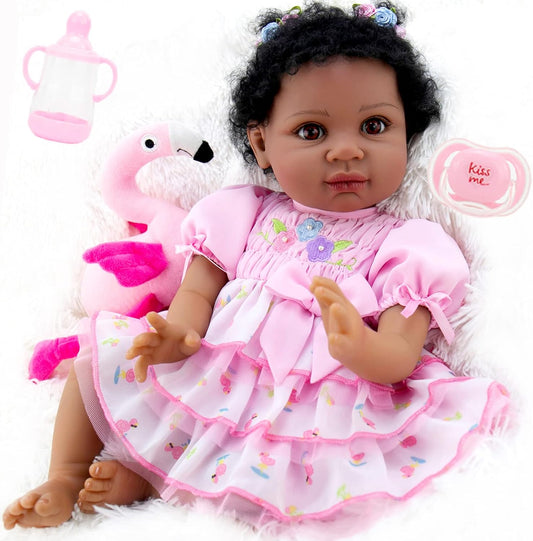 Reborn Baby Dolls Black 22 Inch Biracial Lifelike Black Americans Reborn Girl Dolls with Pink Dress Flamingo Gift Set and Doll Accessories