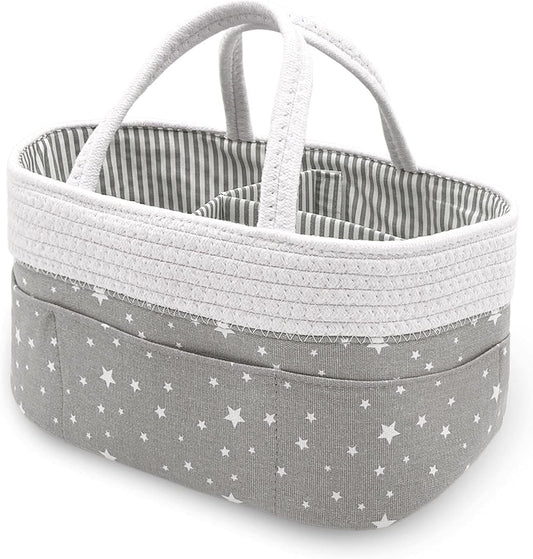 Cotton Rope Baby Diaper Caddy Organizer Nursery Storage Bin Stacker Basket for Newborn Girl & Boy Portable Changing Table Car with Divider for Wipes Diapers(Grey&White Star)