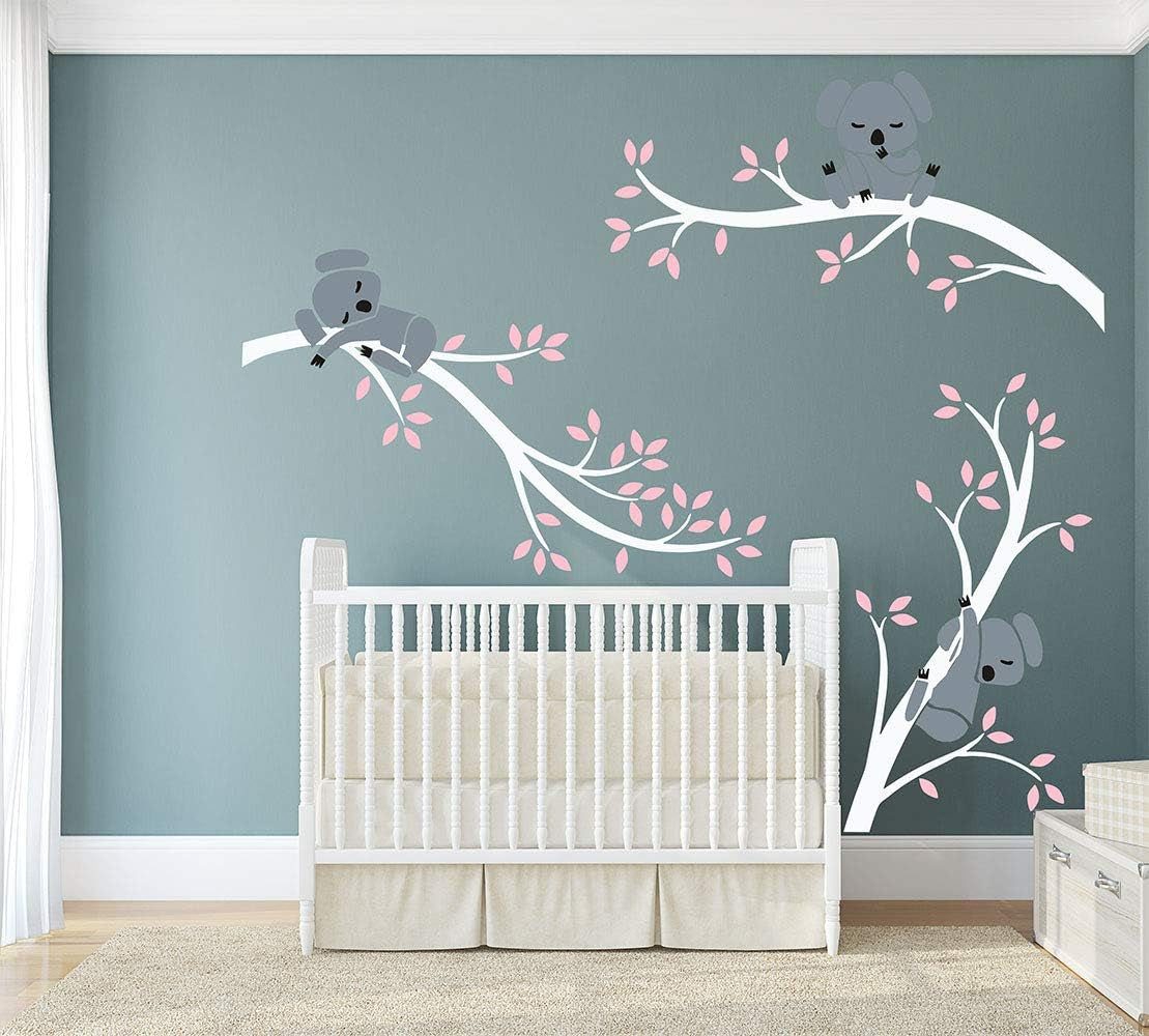 Three Koalas Tree Branches Wall Decal Wall Sticker Baby Nursery Decor Kids Room Decoration (White+Pink)