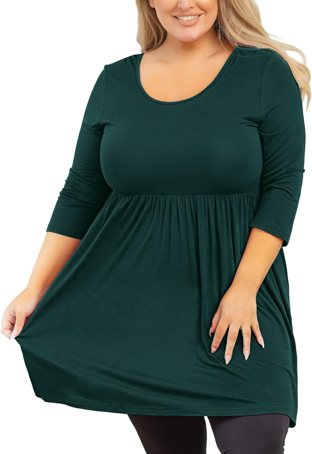 Plus Size Tunic for Women 3/4 Sleeve Dark Green Large Crewneck Tops Christmas Clothing Flowy Blouse Babydoll Summer Fall Winter Maternity Shirts