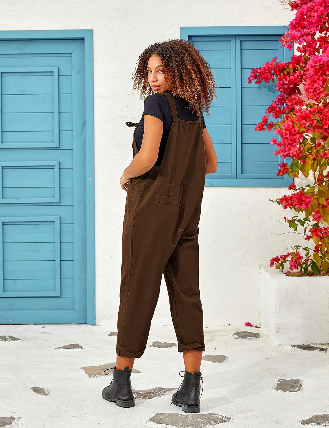 Women'S Linen Wide Leg Jumpsuit Rompers Overalls Harem Pants plus Size (Medium, Style12Coffee)